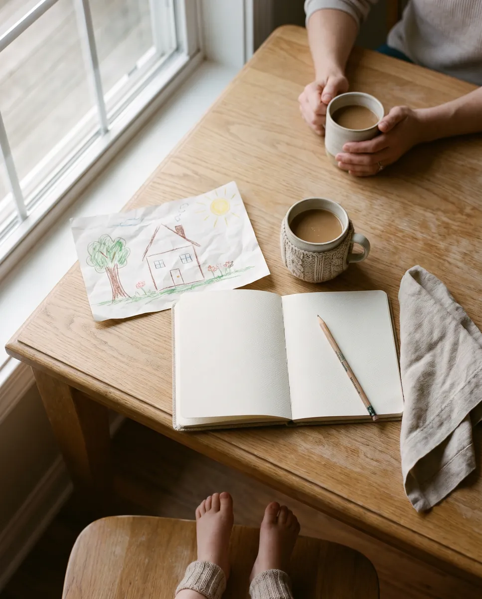 Küchentisch von oben mit zwei Kaffeetassen, Notizbuch und Kinderzeichnung.