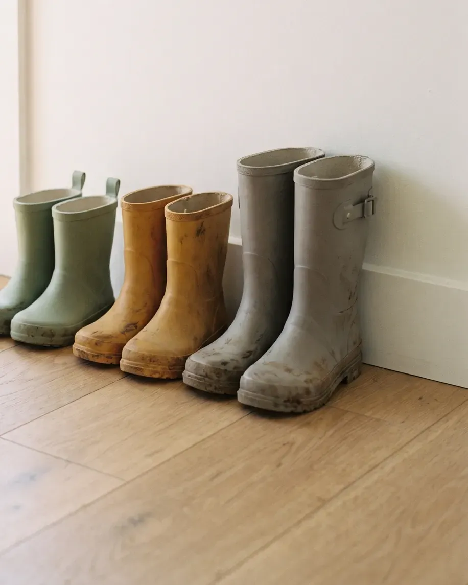 Drei Paar Kinder-Gummistiefel in wachsenden Größen nebeneinander.
